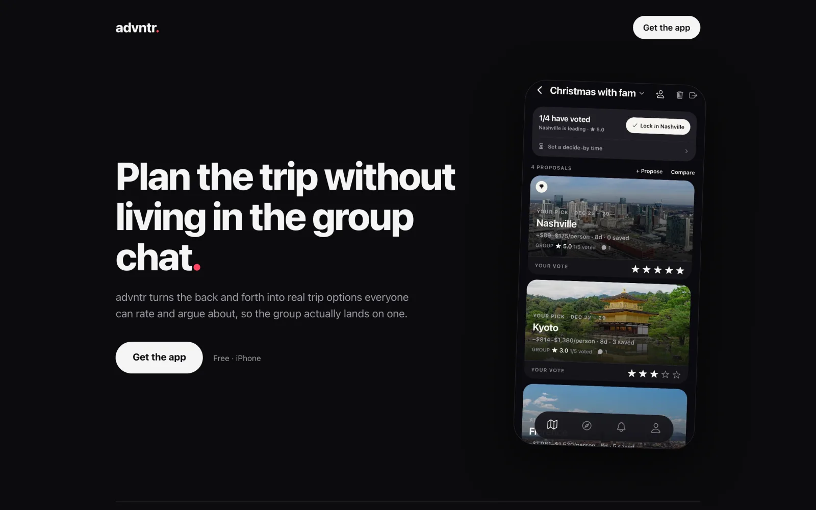advntr: 'Plan the trip without living in the group chat' beside a phone showing priced trip proposals for Nashville and Kyoto