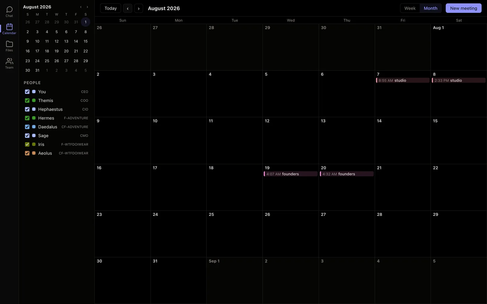 The org calendar for August 2026 with studio and founders sessions the agents scheduled with each other